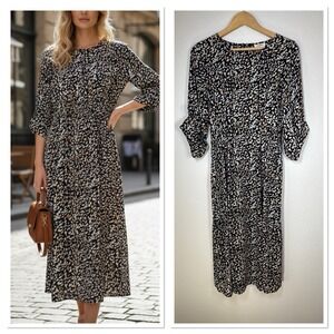 Umgee Abstract Print Midi Dress Smocked Waist Long Sleeve Modern Boho Indie Chic